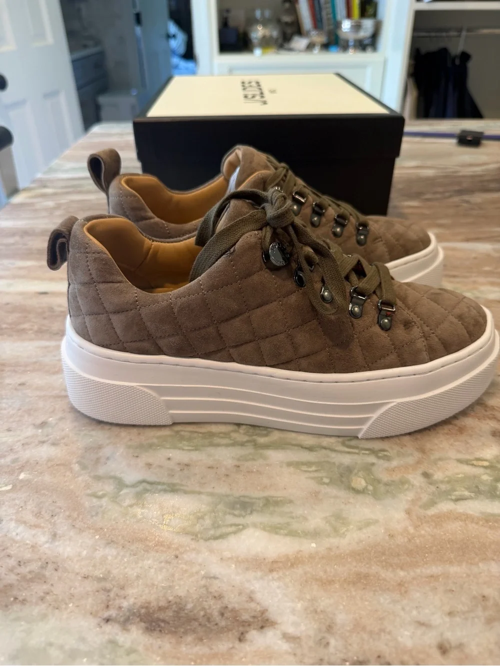 J/SLIDES Women’s Quilted Suede Sneakers in Brown, size 7
